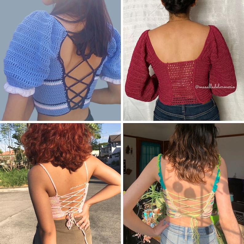 Op de afbeelding: Vier verschillende gehaakte tops met een gekruist rugontwerp. De tops zijn in verschillende kleuren, waaronder blauw, rood, roze en groen. De tops zijn allemaal gemaakt met een fijn garen en hebben een delicate, vrouwelijke uitstraling.