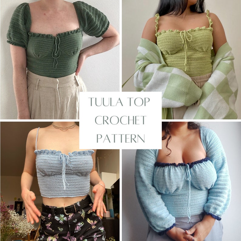 Op de afbeelding: Een haakpatroon voor een "Tula Top" met vier verschillende kleurvariaties: groen, lichtgroen, lichtblauw en donkerblauw. Het patroon wordt getoond op vier verschillende modellen die de top dragen.