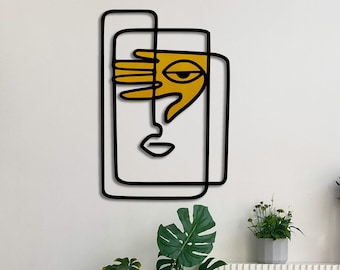 Face Metal Line Art abstrakte Picasso inspirierte schwarze und goldene minimalistische Wandskulptur für modernes Wohndekor für zeitgenössisches Interieur