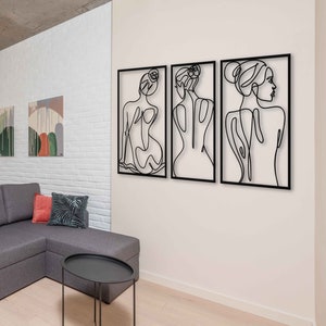 Metal Woman Line Art Wall Decor for Bathroom, Set of 3 Minimalist Wall Decor Over the Bed, Aesthetic Female Body Metal Art, Gift for Her