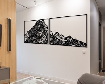 Arte de pared de montaña de metal - Arte de pared de metal para sala de estar - Decoración de pared de metal de montaña extra grande de 2 piezas