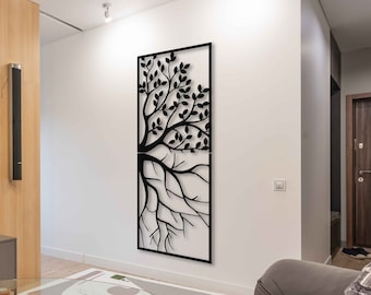 Metal tree wall art, Vertical wall decor for living room, Large tree metal wall art, Indoor and outdoor wall art of tree branch, Home gift