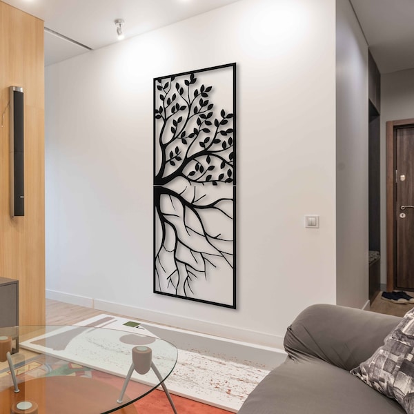 Art mural d'arbre en métal, décoration murale verticale pour le salon, grand arbre d'art mural en métal, art mural intérieur et extérieur de branche d'arbre, cadeau pour la maison