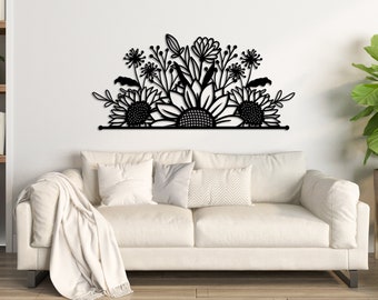 Floral wall art with sunflower for living room Metal sunflower decor over the bed Flower metal wall art Large botanical wall art for bedroom