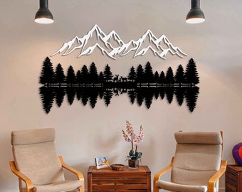 Mountain and Forest Wall Art Home Decor, Metal Wall Art of Pine Trees and Hill, Large Metal Nature Wall Decor, Mountain Landscape Wall Art