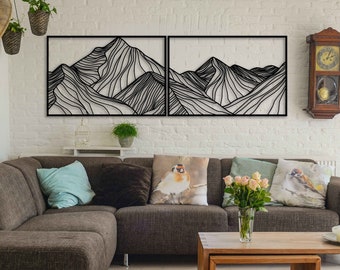 Mountain Metal Wall Art, Large Metal Wall Decor, Mountain Art Metal, Decor Over the Bed, 2 Piece Mountain Wall Art, Housewarming Gift