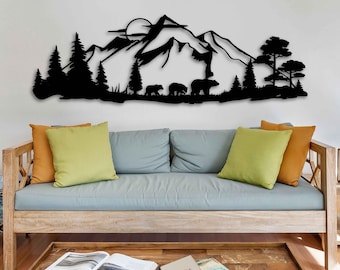 Berge und Bärenfamilie Metall Wandkunst, rustikale Hütte Dekor, Naturszene Wandbehang, Bäume und Bären Design, Geschenk für Hütte, Haus Büro