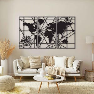 Mapa del mundo de metal para pared, paquete de 3, esculturas de metal para sala de estar.