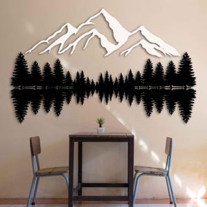 Décoration murale en métal avec montagnes et arbres, décoration murale moderne pour espaces de vie, sculpture murale en métal paysage forestier, cadeau de décoration d&#39;intérieur Rustin
