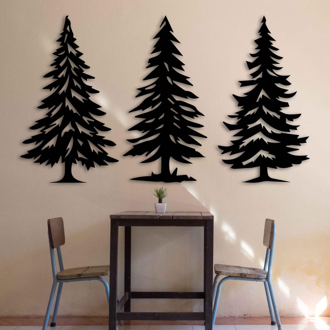 Modern Pine Tree Metal Wall Decor, Set of 3 Large Forest Wall Art ...