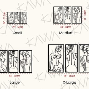 May include: Set of three black and white line art prints featuring a woman's figure in different poses. The prints are available in four sizes: small (14 inches by 35.5 inches), medium (21 inches by 53 inches), large (28 inches by 71 inches), and x-large (35 inches by 89 inches).