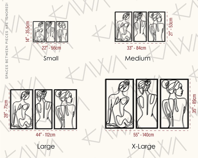 May include: Set of three black and white line art prints featuring a woman's figure in different poses. The prints are available in four sizes: small (14 inches by 35.5 inches), medium (21 inches by 53 inches), large (28 inches by 71 inches), and x-large (35 inches by 89 inches).