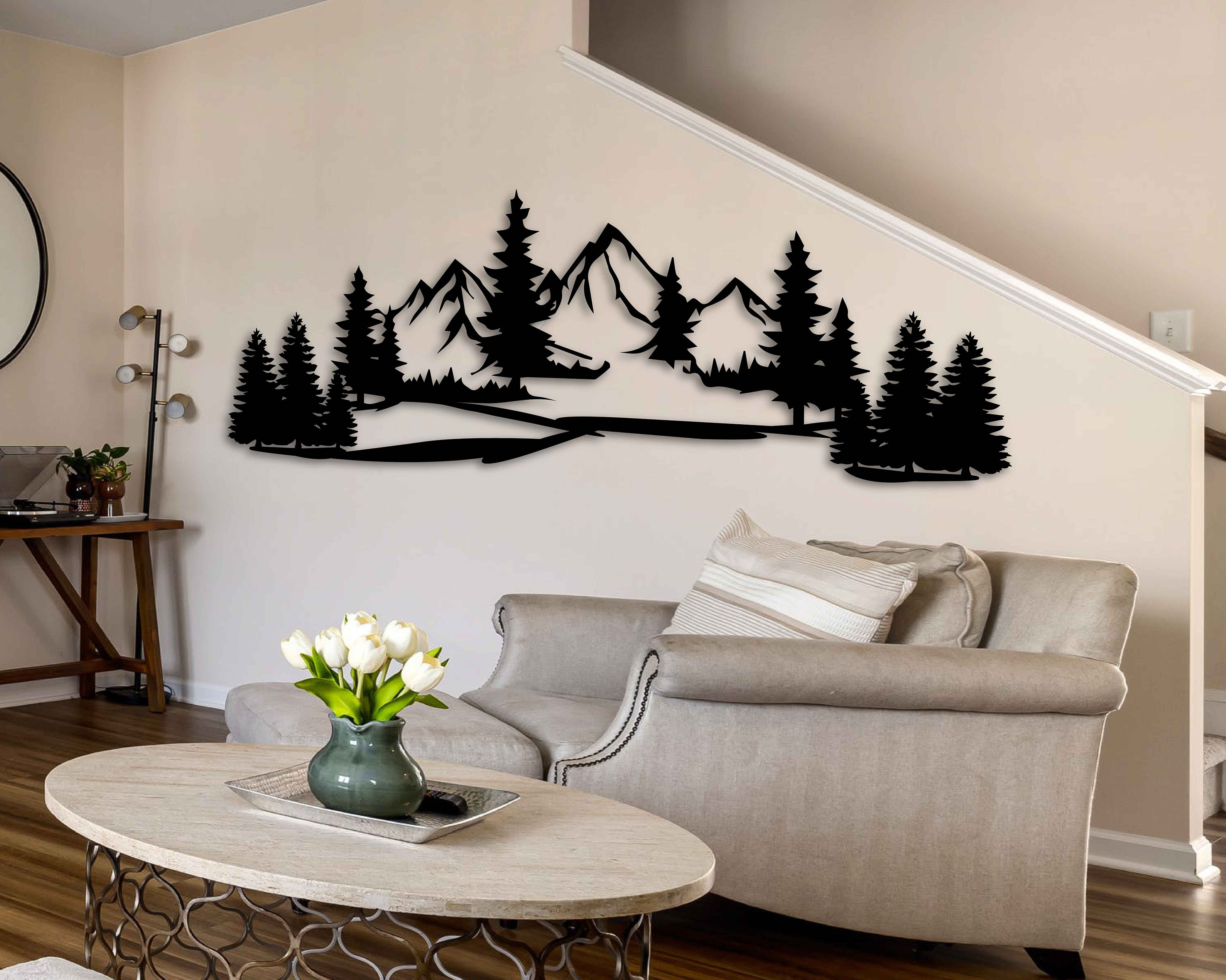 Trees and Mountain Metal Wall Art, Lake House Metal Wall Sculpture, Large Forest Metal Nature Wall Decor, Modern Home Interior Decoration