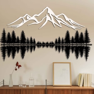 Arte mural de metal con pinos y montañas, decoración mural de metal con colinas y bosques, decoración mural de metal con paisajes de gran tamaño, escultura mural con escenas de la naturaleza.