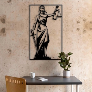 Lawyer Office Wall Decor Lady Justitiy Metal Art, Waage der Gerechtigkeit Wandakzent, Attorney Geschenkidee, Göttin der Gerechtigkeit Home Office Art