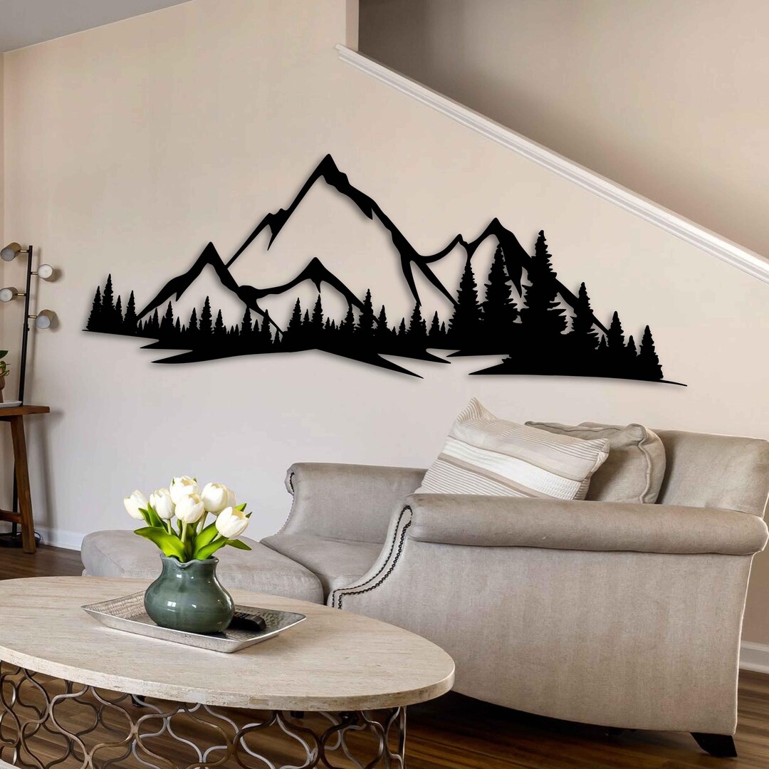 Mountain Range Metal Wall Art With Pine Forest, Large Nature Metal Wall ...