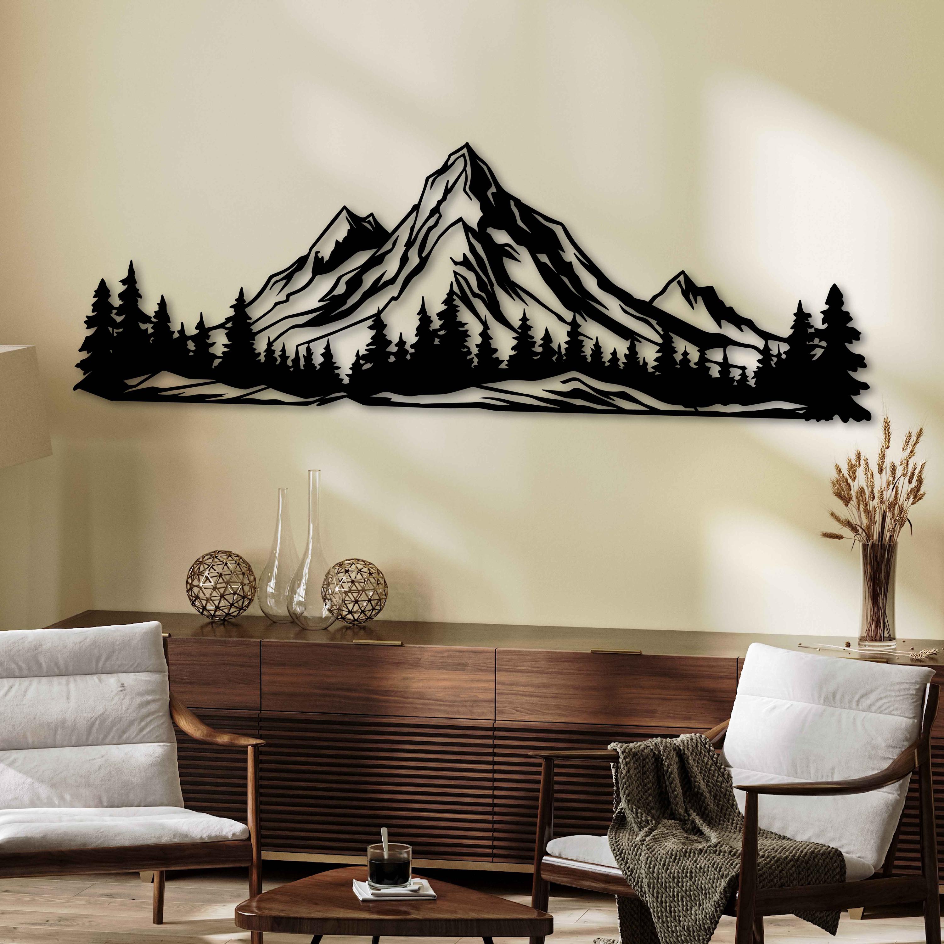 Metal Wall Art With Pine Trees and Mountain, Forest Scene With Rocky ...