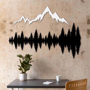 Art mural en métal rustique avec montagnes et arbres, grande suspension murale de paysage forestier, décoration de pins et de collines, sculpture murale en métal nature