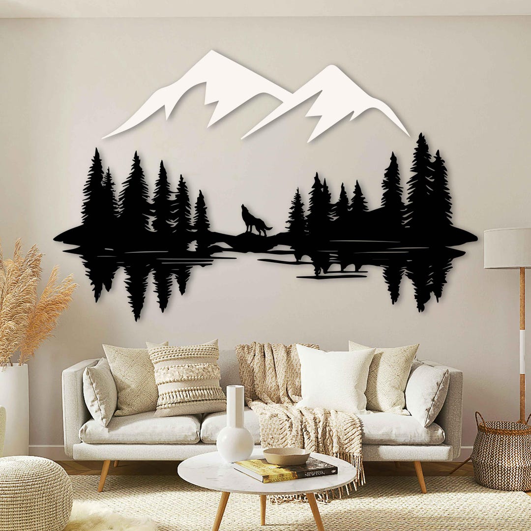 Metal Wall Art With Wolf, Mountain and Pine Trees Design, Forest Home ...