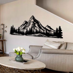 Décoration murale en métal pins et montagnes Rocheuses, décoration de paysage forestier moderne, sculpture murale inspirée de la nature pour intérieur et extérieur