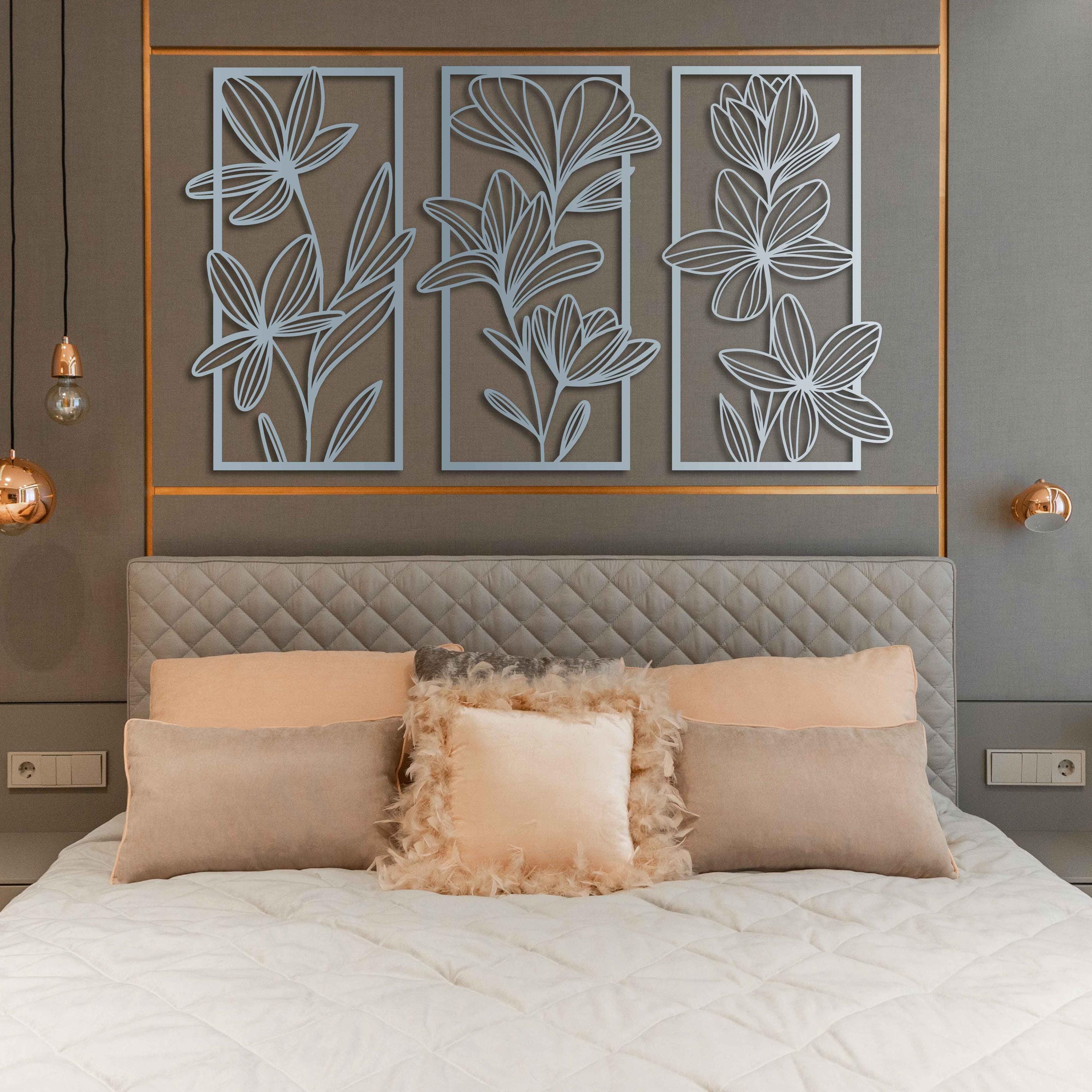 Modern Floral Metal Wall Art Set of 3, Botanical Black Metal Wall Decor ...