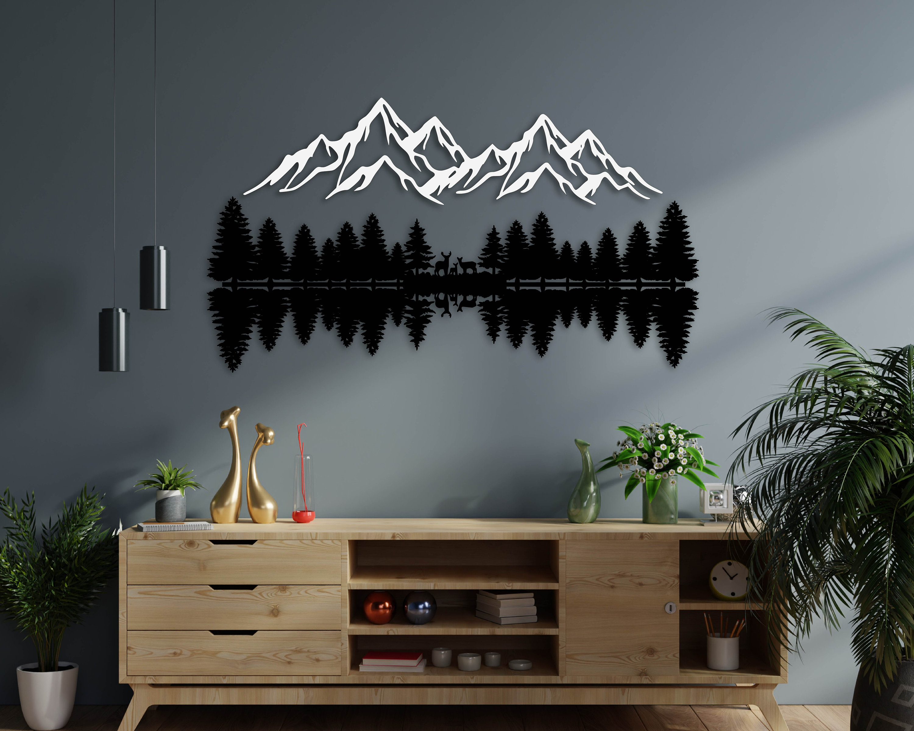 Decorazione Parete Metallo - Motivo Montagne E Foreste, 40x13.5cm, Nero