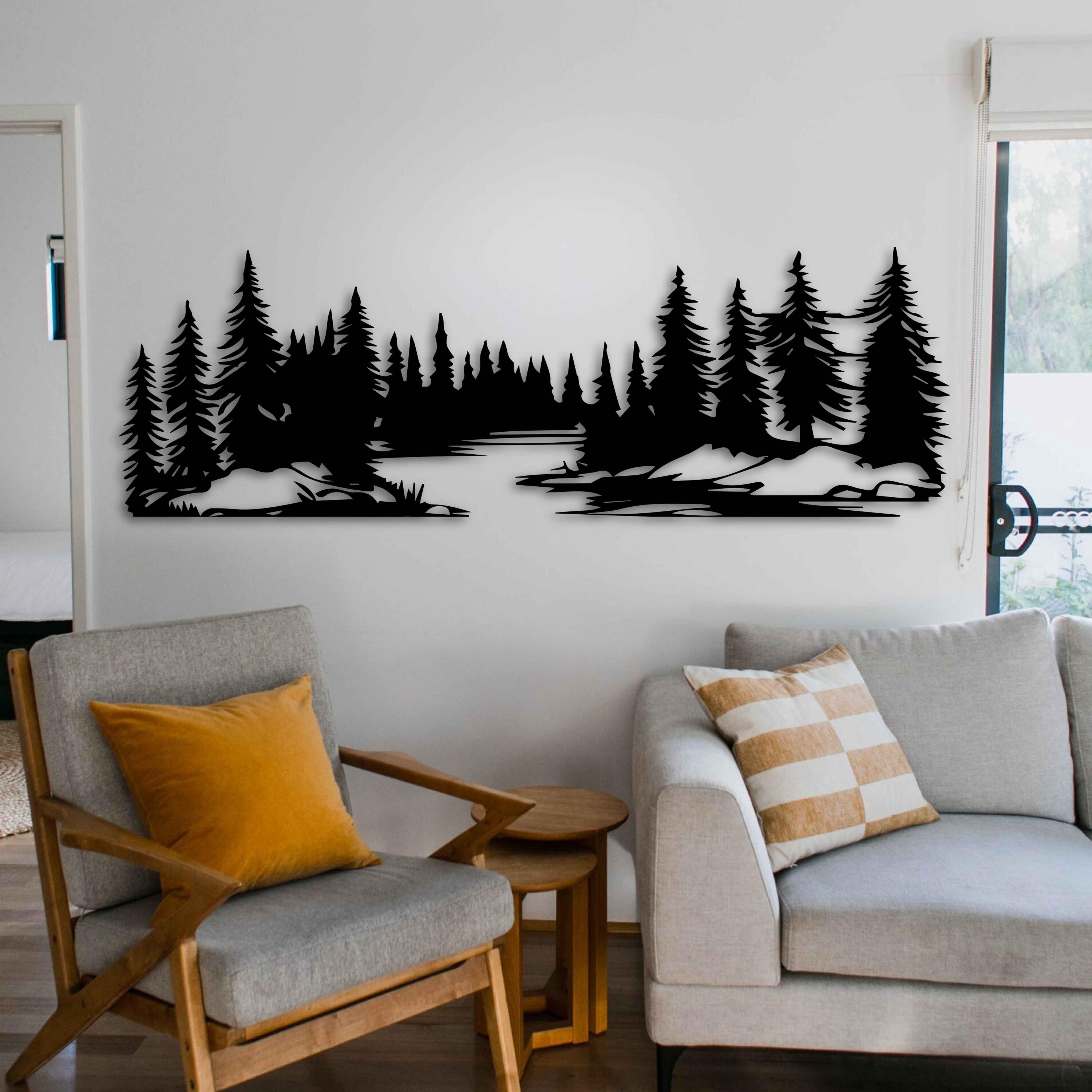 Forest Metal Wall Art Rustic, Trees and River Landscape Metal Wall ...