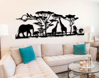 May include: A black metal wall art piece featuring a savanna landscape silhouette. The design includes an elephant and calf, two giraffes, acacia trees, a sun, and birds. The flat, cutout artwork is mounted horizontally on a plain wall.