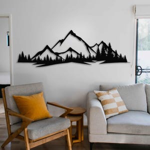 Art mural en métal chaîne de montagnes et forêt de pins, décoration murale en métal nature, oeuvre d&#39;art de ferme moderne pour salon et chambre à coucher, cadeau mural pour la maison