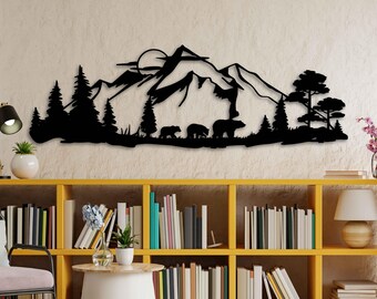 Metall Bäume und Bären Wandkunst, Berge Landschaft Metall Wanddekor, rustikale Hütte Wandskulptur, Wildtiere Natur Dekor für Haus oder Büro