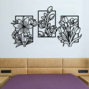 Floral wall art metal for living room Metal flower wall decor over the bed Flower metal wall art 3 Piece botanical wall art for bedroom