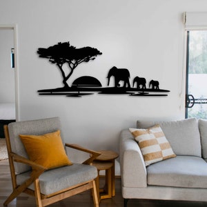 Baum und Elefanten Metallwandkunst, Metallwandkunst des afrikanischen Baums und der Elefanten, Natur-Metallwanddekor, Tier-Metallwandskulptur