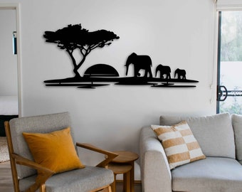 Tree and Elephants Metal Wall Art, Metal Wall Art of African Tree and Elephants, Nature Metal Wall Decor, Wildlife Metal Wall Sculpture