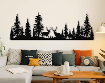 Deers in Forest Landscape Metal Wall Art for Rustic Cabin Bedroom, Horizontal Woodland Wall Decor, Extra Large Pine Trees Home Decor Gift