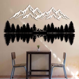 Art mural en métal rustique représentant la montagne et la forêt, décoration murale paysage décorative, art moderne du paysage de montagne, grande sculpture murale en métal