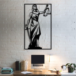 Lady Justitiy Metallwandkunst, Elegante Rechtsanwälte Geschenk für Rechtsanwälte, Kanzleieinrichtung, Gerechtigkeitswaage Metallkunst, Göttin der Gerechtigkeit Wandakzent