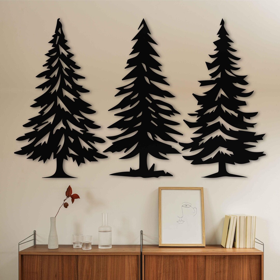 Tree Metal Wall Art Metal Home Decor, Metal Wall Art of Pine Trees, Set ...