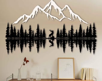 Mountain and Trees Metal Wall Art, Rustic Mountain Landscape Decor, Large Forest Scene Metal Wall Hanging, Deer and Hill Wall Decoration