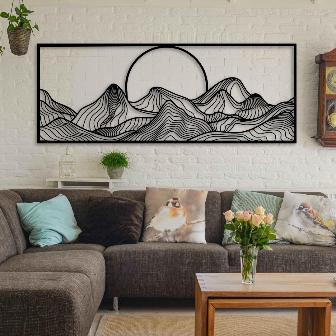 Modern Metal Mountain Wall Art With Sunset, Geometric Landscape Decor ...