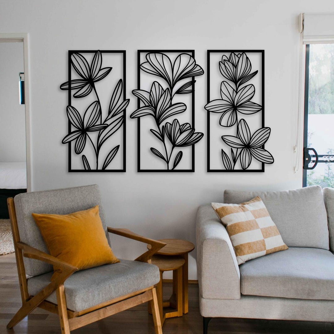Modern Floral Metal Wall Art Set of 3, Botanical Black Metal Wall Decor ...