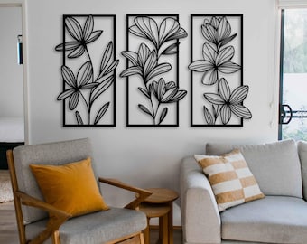 Modern Floral Metal Wall Art Set of 3, Botanical Black Metal Wall Decor, Minimalist Metal Flowers, Decorative Living Room Metal Wall Accent