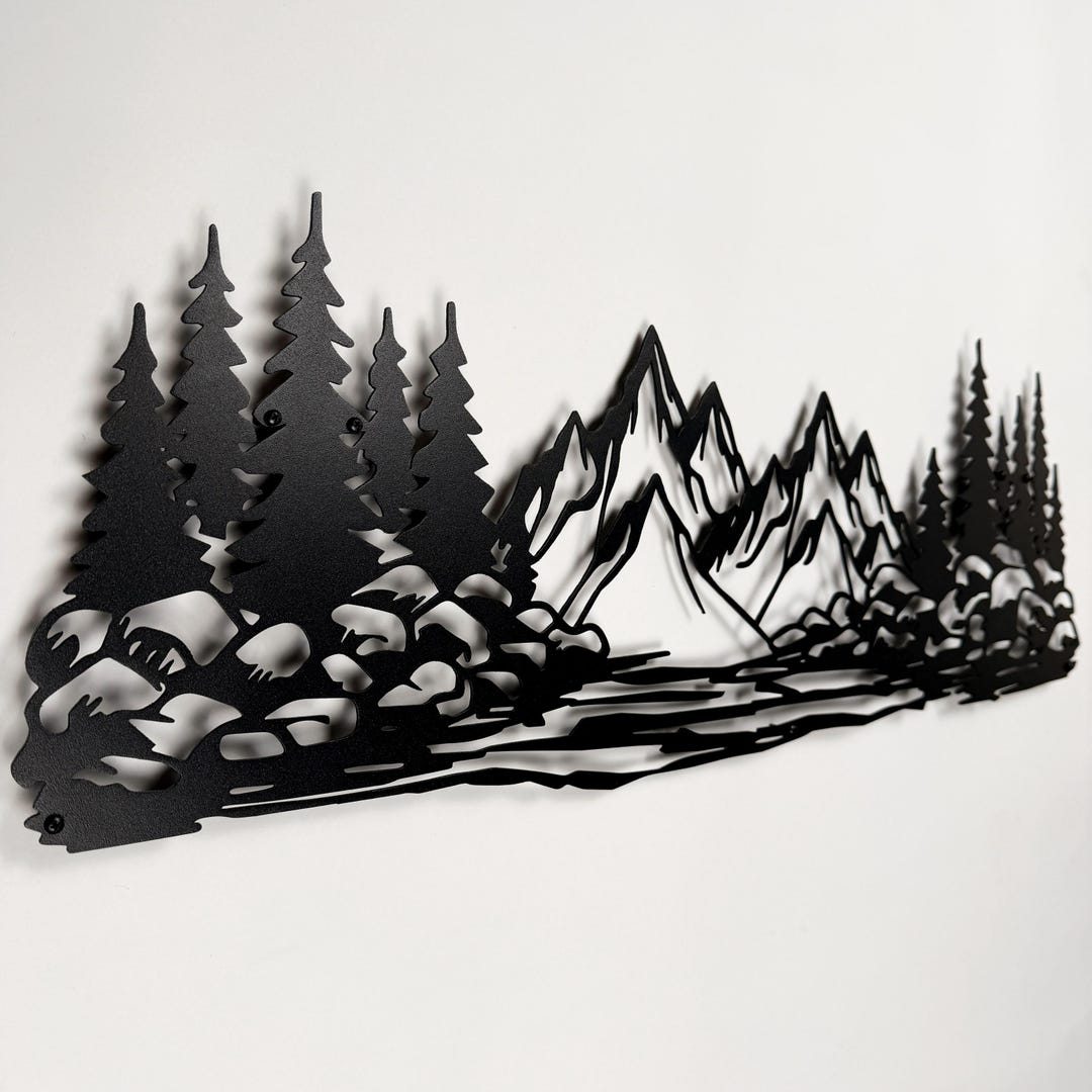 Mountain and Pine Trees Metal Wall Art, Large Forest Lake House Wall ...