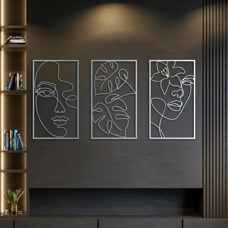 Woman Face Line Art, Metal Wall Decor, Minimalist Floral Set - Etsy