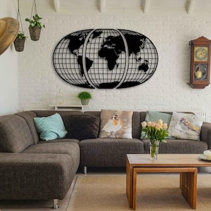 Wereldbol wereldkaart metalen muurkunst, grote aardekaart kunst, 3-delige ronde wereldkaart metalen wanddecoratie, muurkunst voor woonkamer, interieurdecoratie