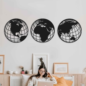 Mapa del mundo con globos terráqueos, arte de pared de metal, 3 piezas de decoración de pared de metal con continentes, arte de mapa de la Tierra redondo, juego de arte de pared de metal extragrande para sala de estar