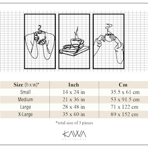 May include: Three black and white line art prints of a person holding a cup of coffee. The prints are available in four sizes: 14 x 24 inches, 21 x 36 inches, 28 x 48 inches, and 35 x 60 inches.