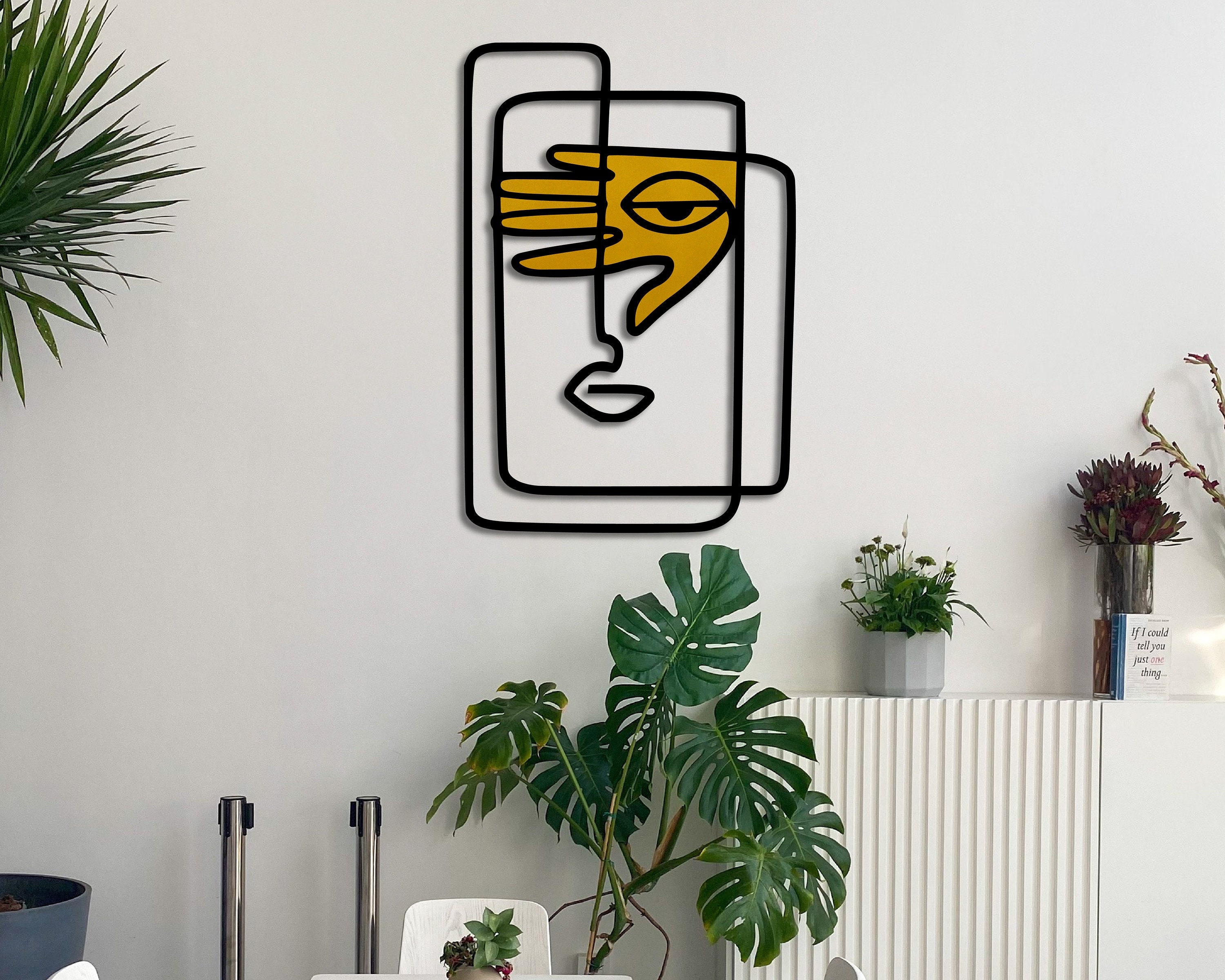 Face metal line art abstract Picasso inspired black and gold minimalist wall sculpture for modern style home Decor for contemporary interior