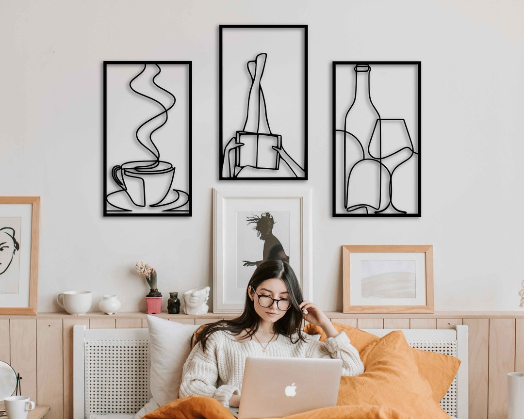Minimalist Bookish Metal Wall Art Decorative Set of 3 , Book Lover Line ... - Minimalist Metal Bookshelf Wall Decor