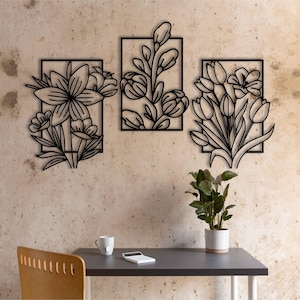 Floral Wall Art Metal for Living Room, Metal Flower Wall Decor over the Bed, Flower Metal Wall Art, 3 Piece Botanical Wall Art for Bedroom