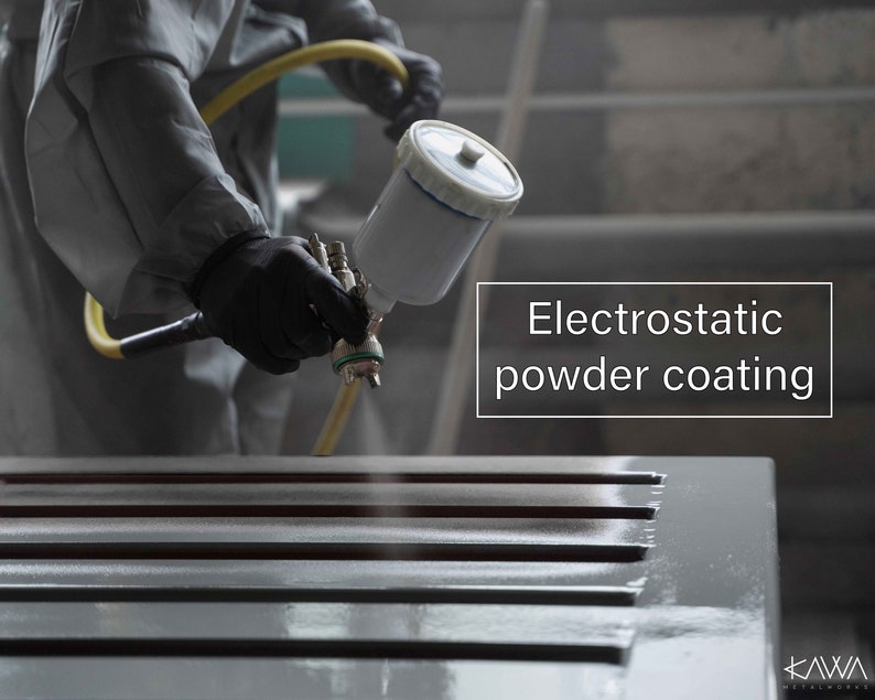 May include: A worker wearing a protective suit uses an electrostatic powder coating gun to apply a layer of paint to a metal surface. The text "Electrostatic powder coating" is visible in the image.